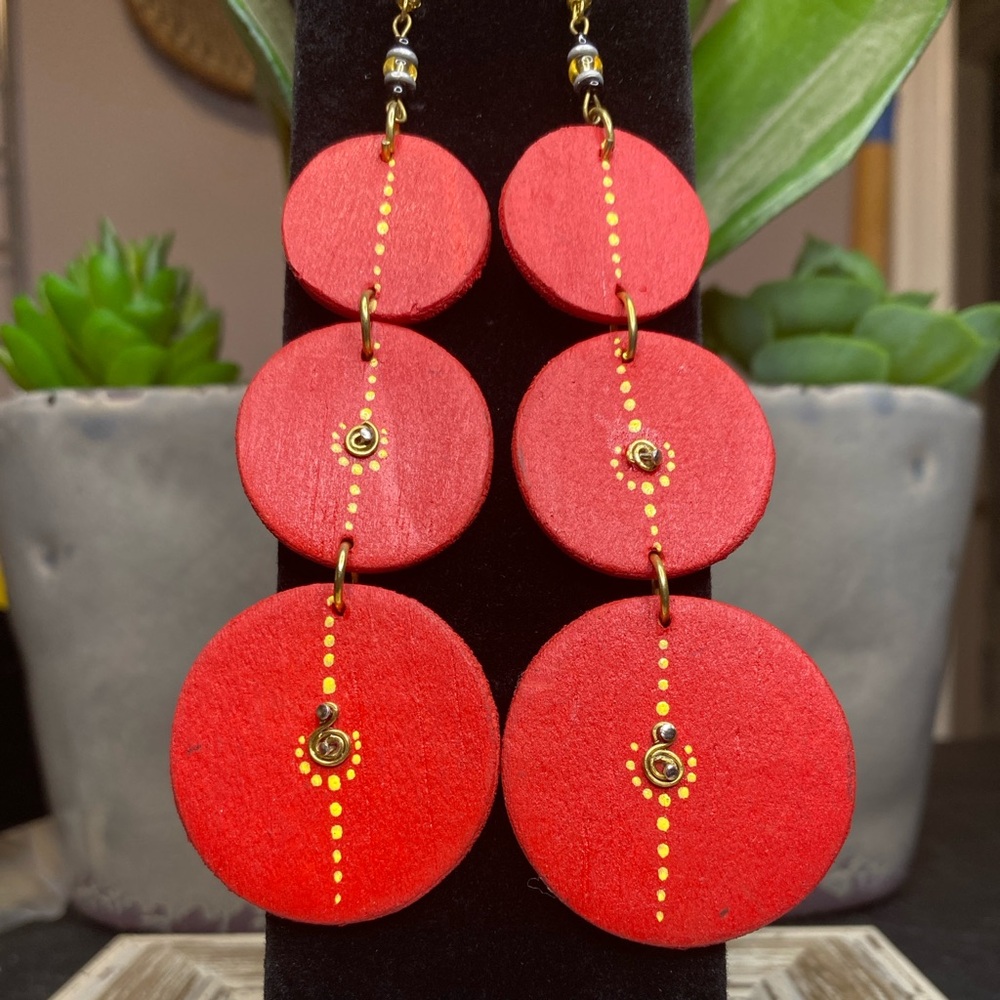 NEW Awa Wooden Red Hand carved 3 Circle Earrings w/Brass and Glass Boho